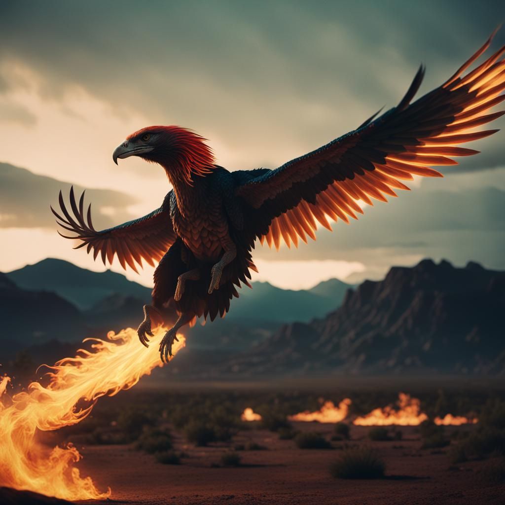Dramatic Phoenix in Flight: Cinematic Film Still