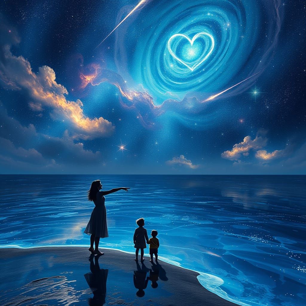 Surreal Mother and Child Gaze at Cosmic Ocean of Liquid Star...