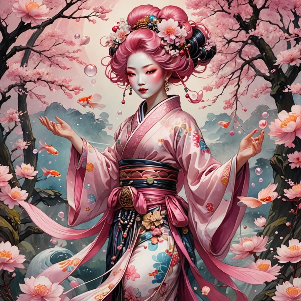 Mystical Geisha with Koi Fish in Art Nouveau Style