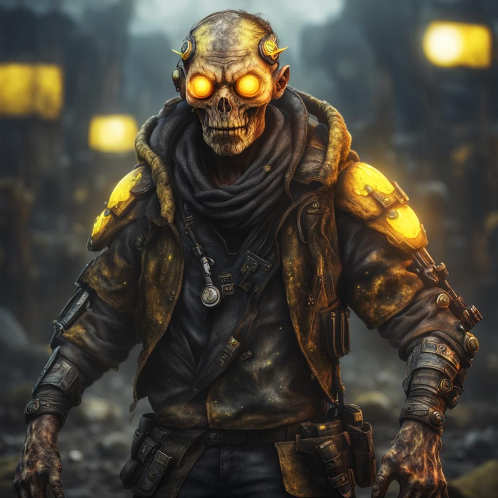 Apocalyptic Four-Armed Being in Ruined Landscape