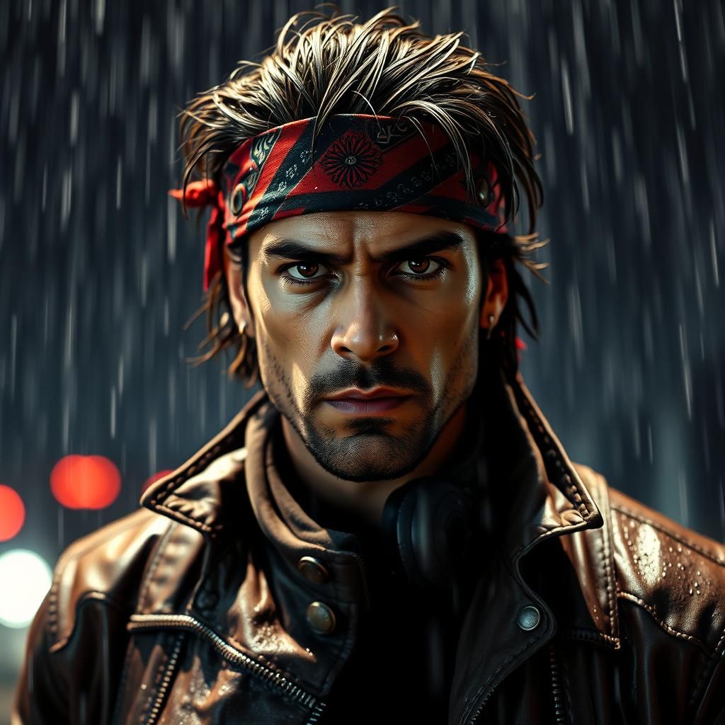 Latino Man in Rain, Dramatic 80s Horror Aesthetic