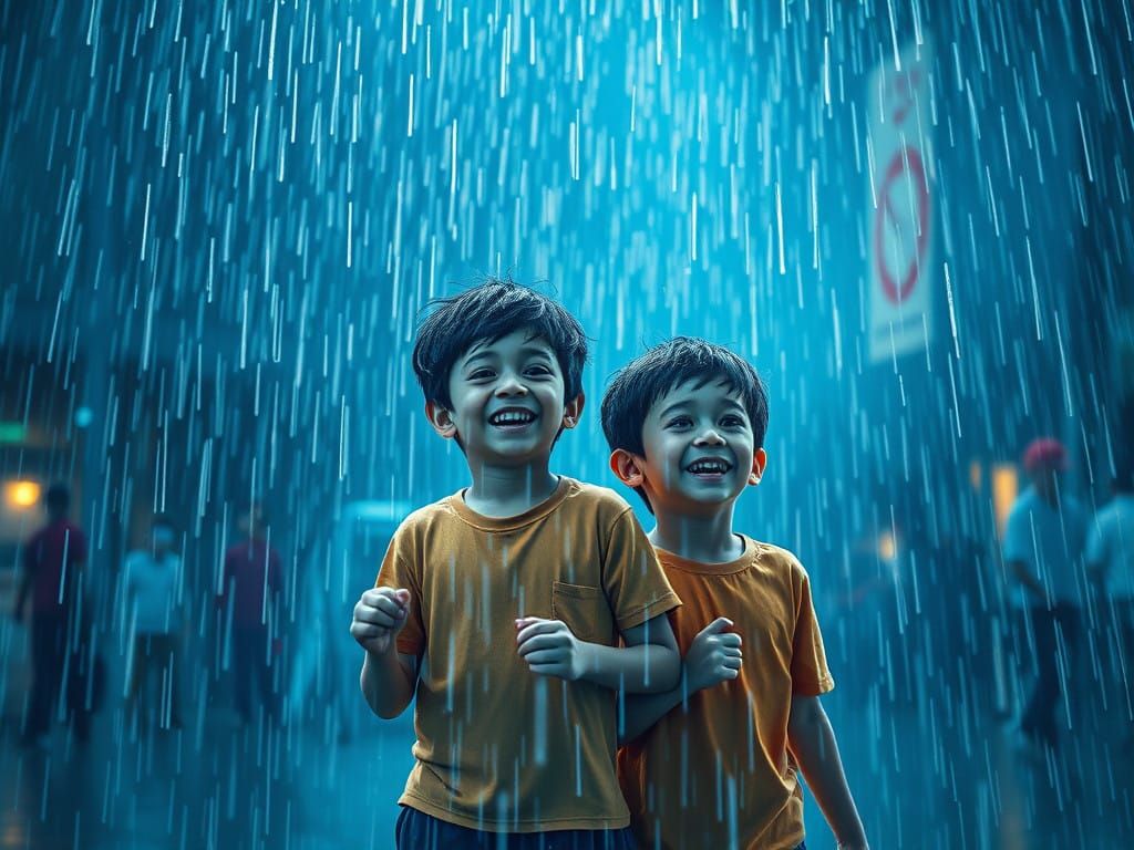 Boys Play in the Rain Under an Ethereal Glow