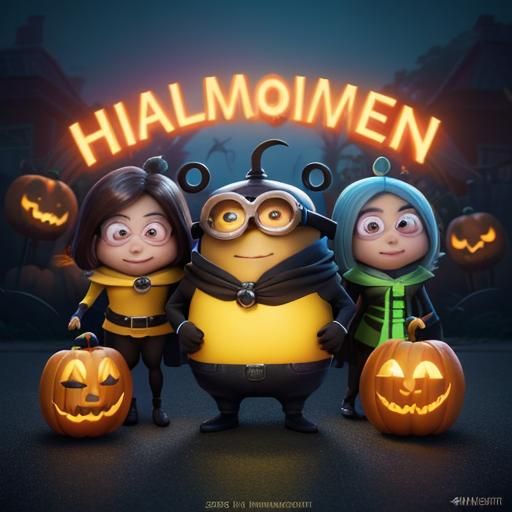 Minions Trick or Treating in Pixar Animation Style
