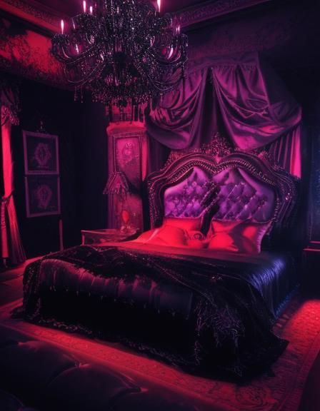 Gothic bedroom with black walls and black gothic bed& hyperdetailed intricately detailed trending on Artstation volumetr...
