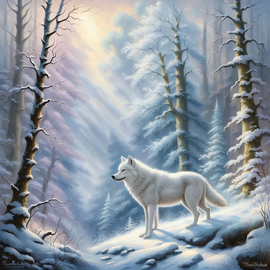 A white wolf standing in a snow covered forest