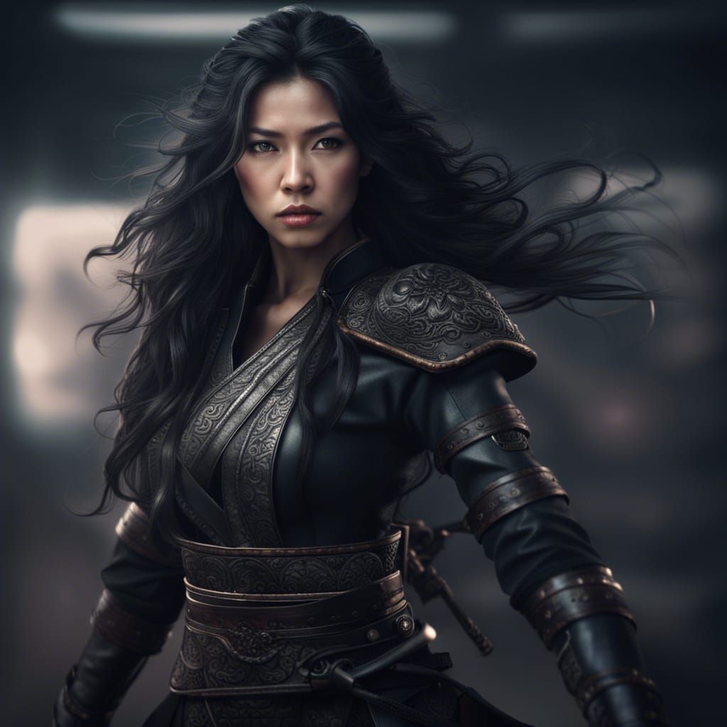 Beautiful Chinese Warrior Woman in Black Leather