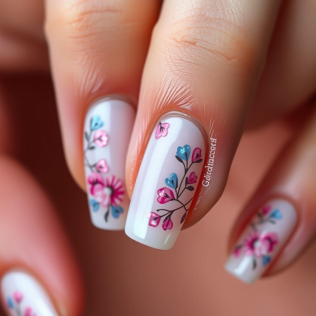 Intricate Floral Nail Art in Vibrant Pink and Blue