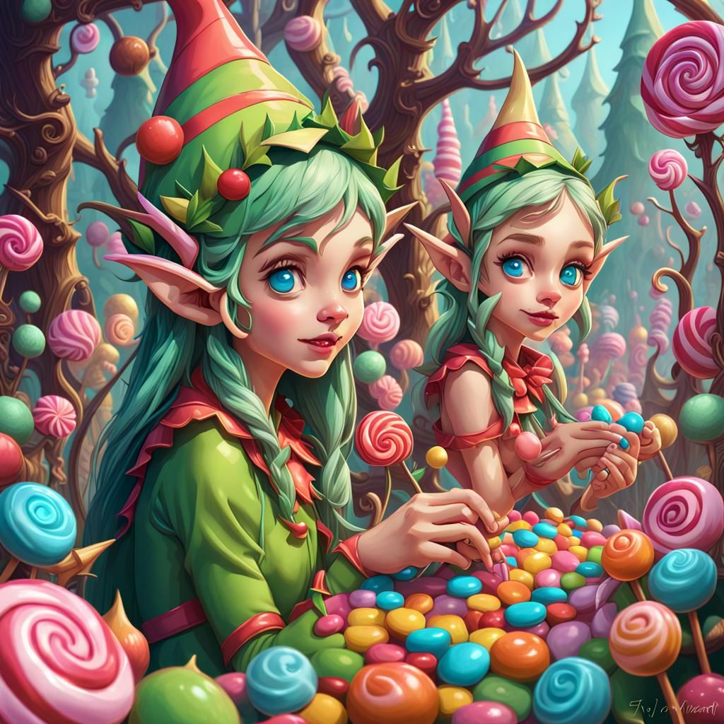 Whimsical Elves in a Candy Land Art Style