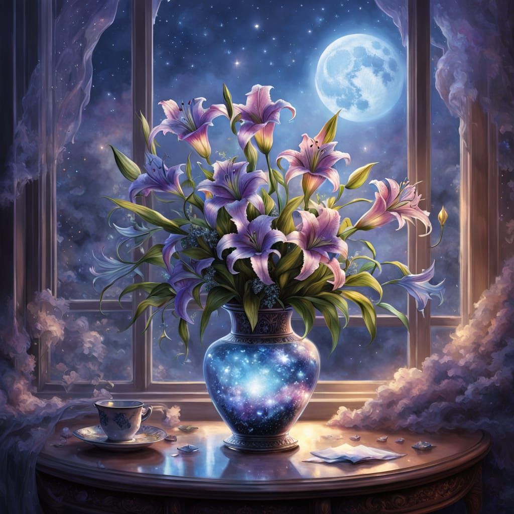 Ethereal Stargazer Lilies in Crystal Vase