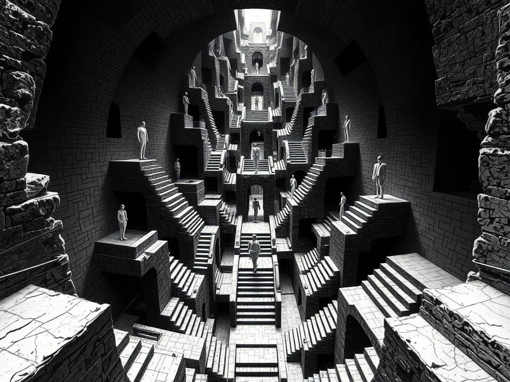 Impossible Labyrinth in Escher Style with Brutalist Stairwel...