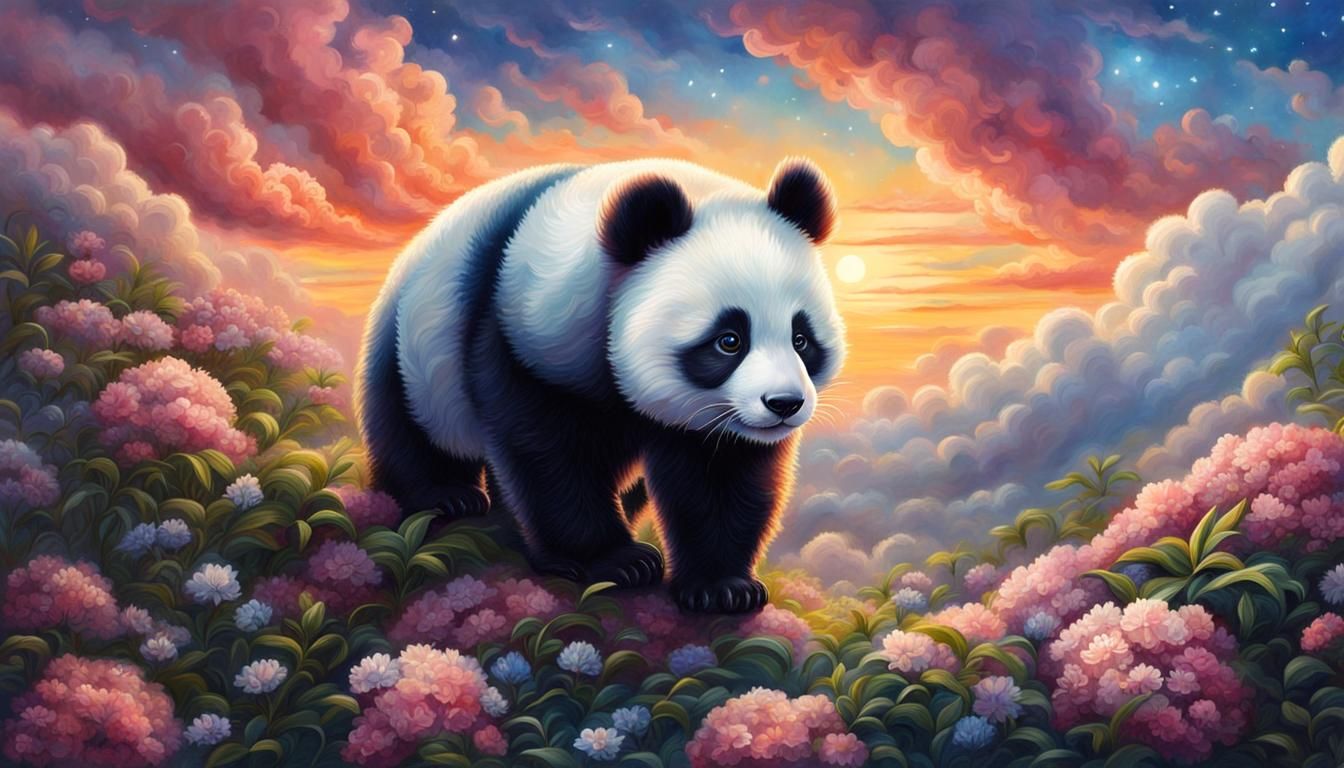 Cloud Panda Portrait on Flower Hill as Watercolor