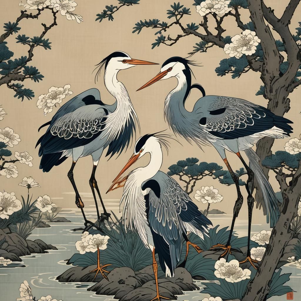 Herons in Ukiyo-e Japanese Print Style