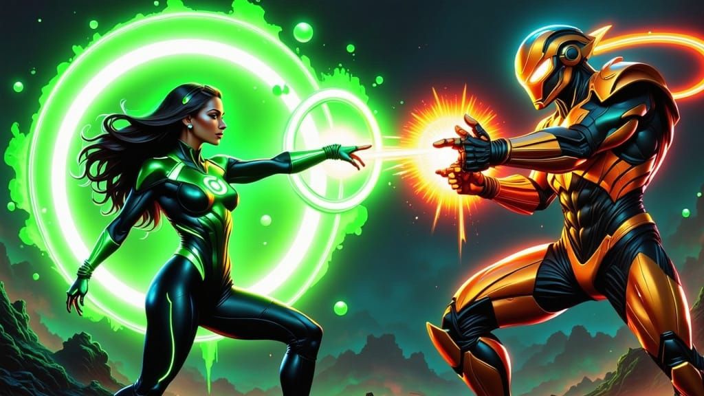 Green Lantern Battles Robot in Acrylic Art Style