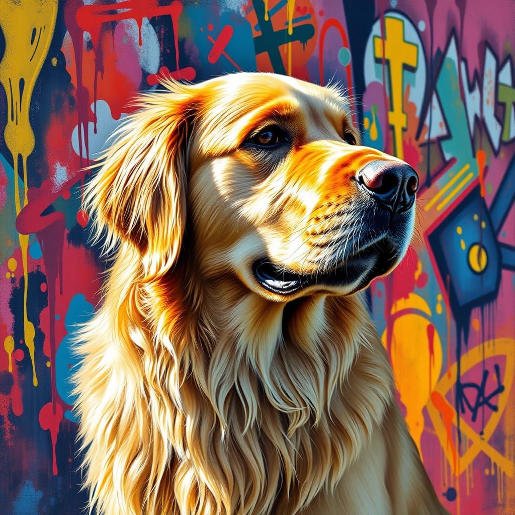 Surreal Golden Retriever Masterpiece in Gouache Style