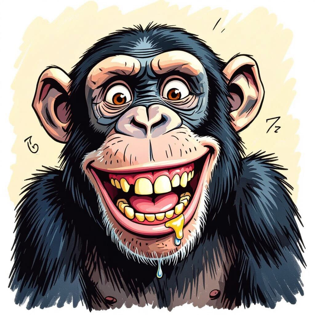 Chimpanzee Grinning Wide, Drooling Numbers Six and Seven
