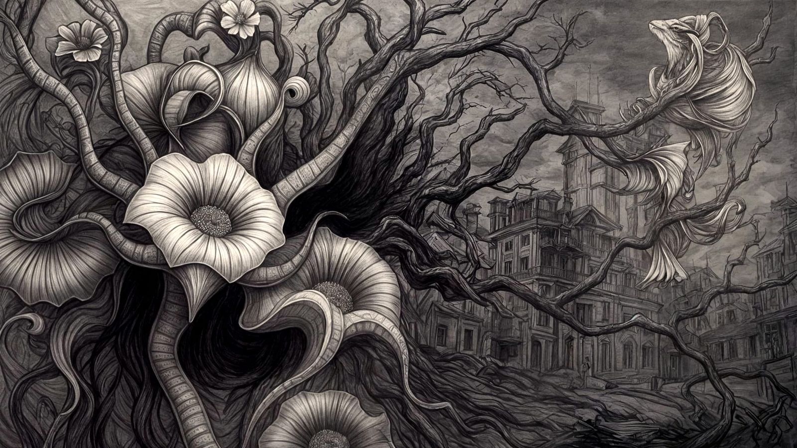 Intricate Ink Drawing and Pencil Sketch