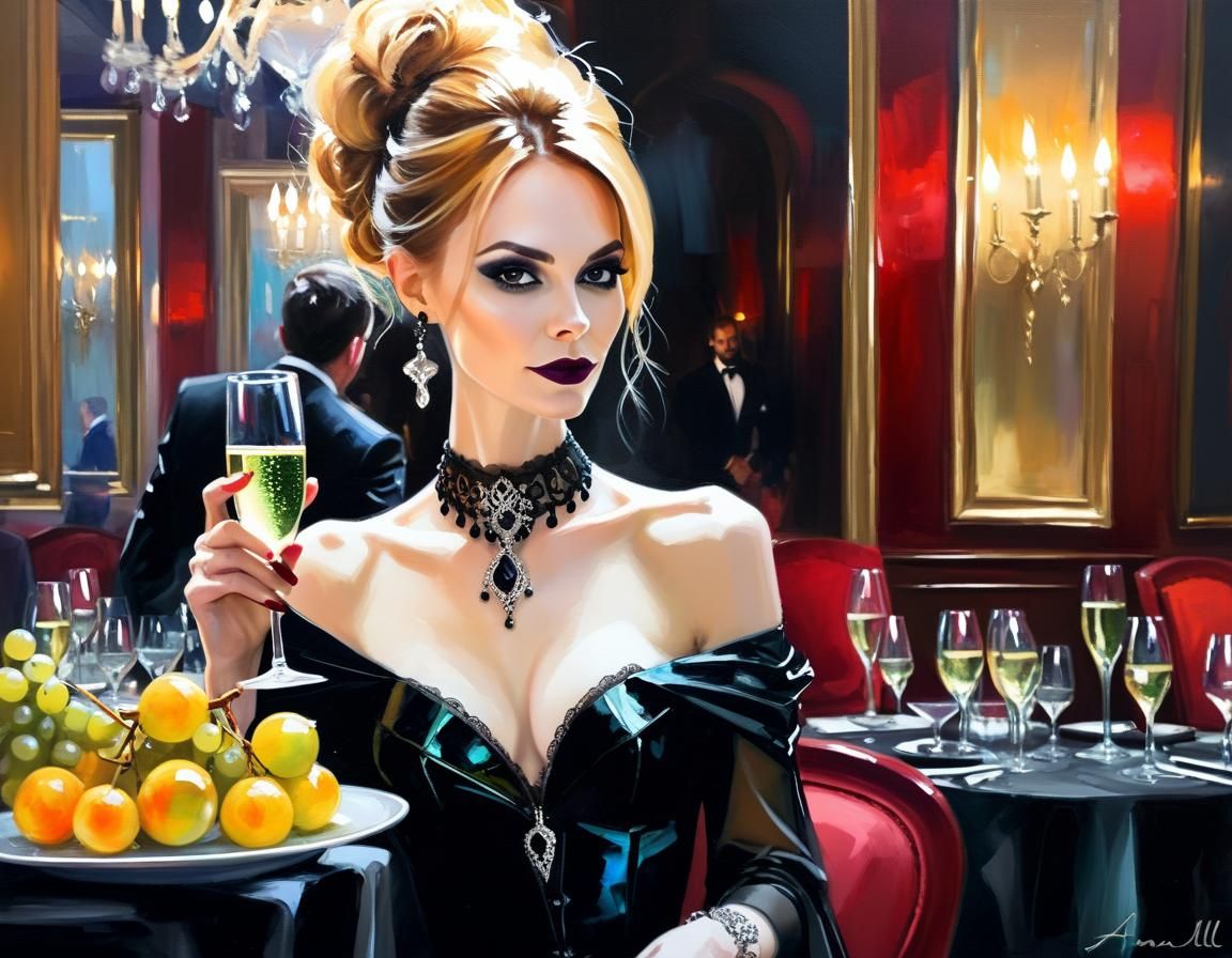Goth Sommelier Offering Champagne: Oil Painting