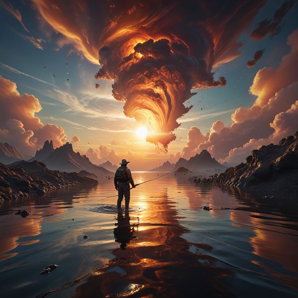 Surreal Fisherman Reels in Cloud Audience Above Gas Giant