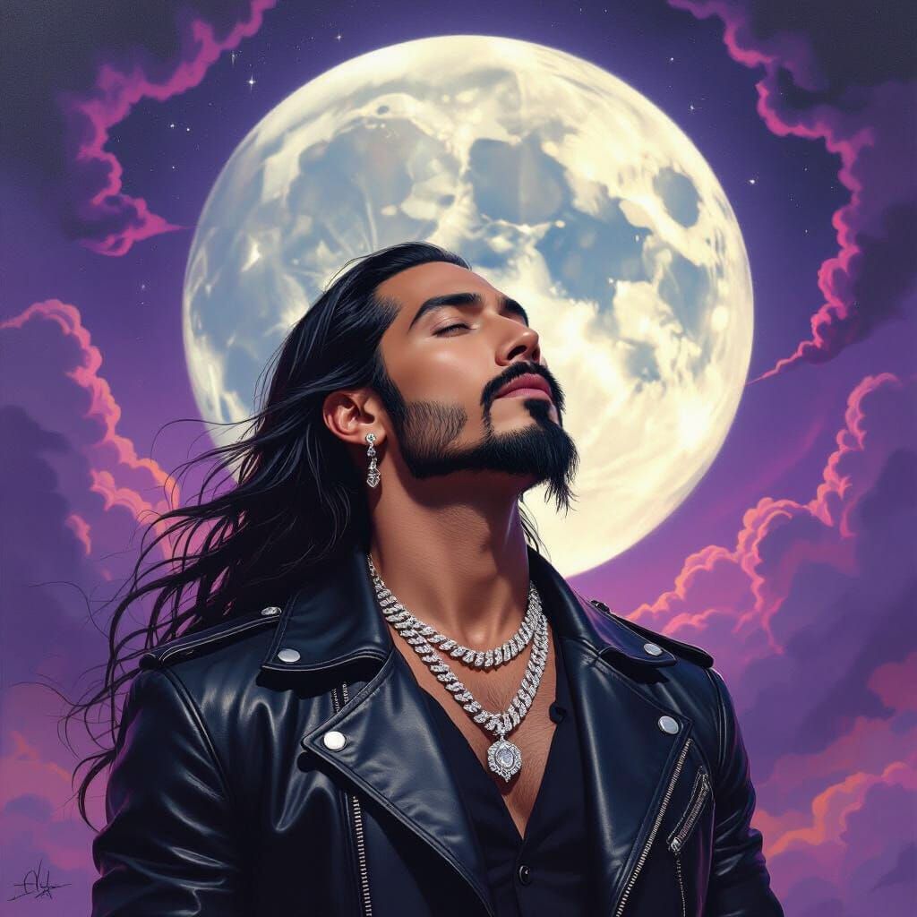 Latino Man Gazing at Moon in Surreal Style