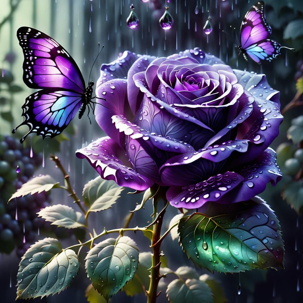 Crystal Rose and Butterfly in a Grape Rain