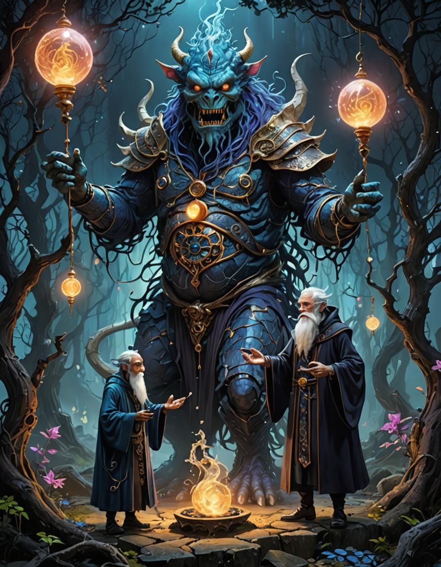 Master Mage Summons Monster Genie in Aetherpunk Style