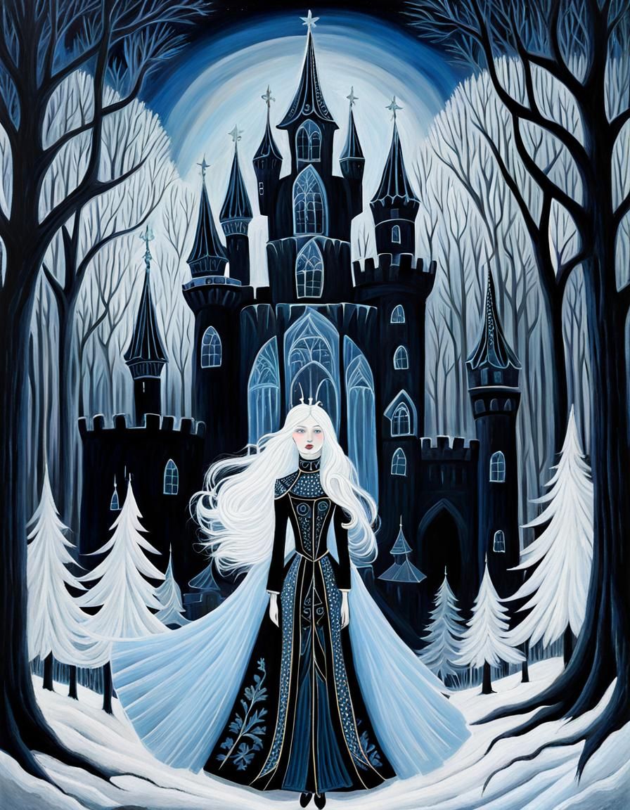 Ethereal Ice Queen in Naive Art Brut Style