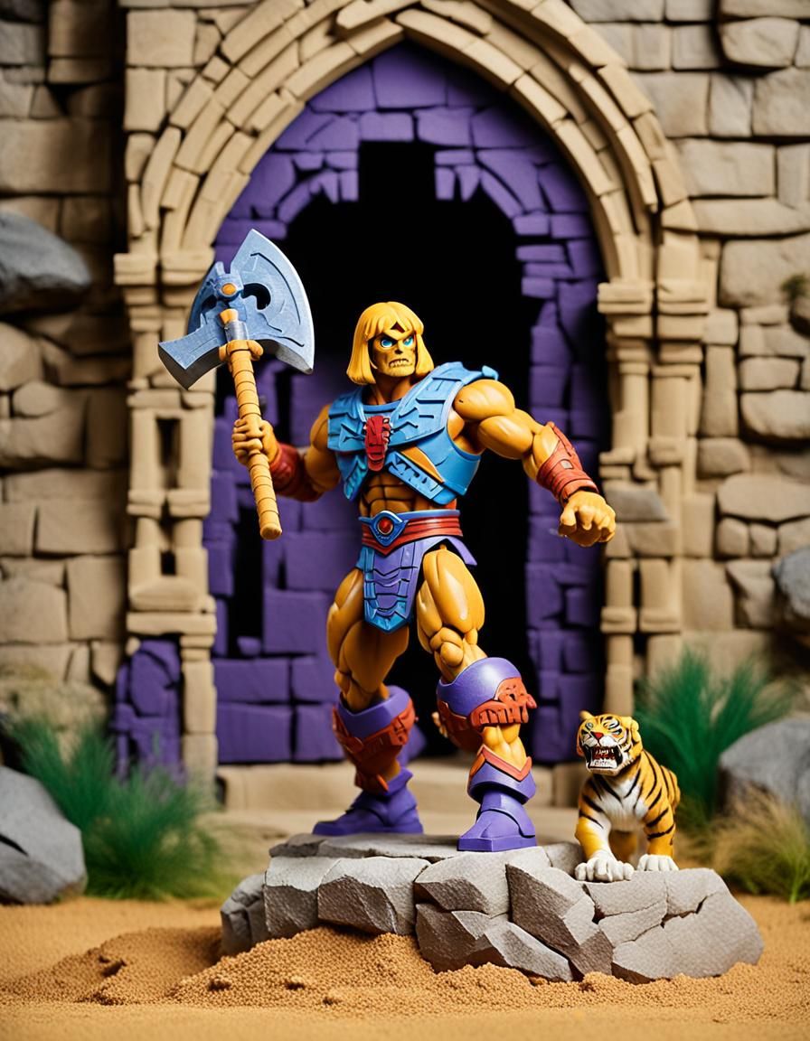 He-Man on Battle Cat at Skeletor's Sandcastle