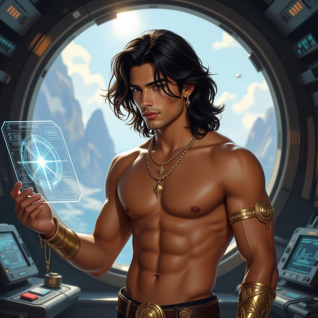 Handsome Man Navigating Spaceship in Surreal Style