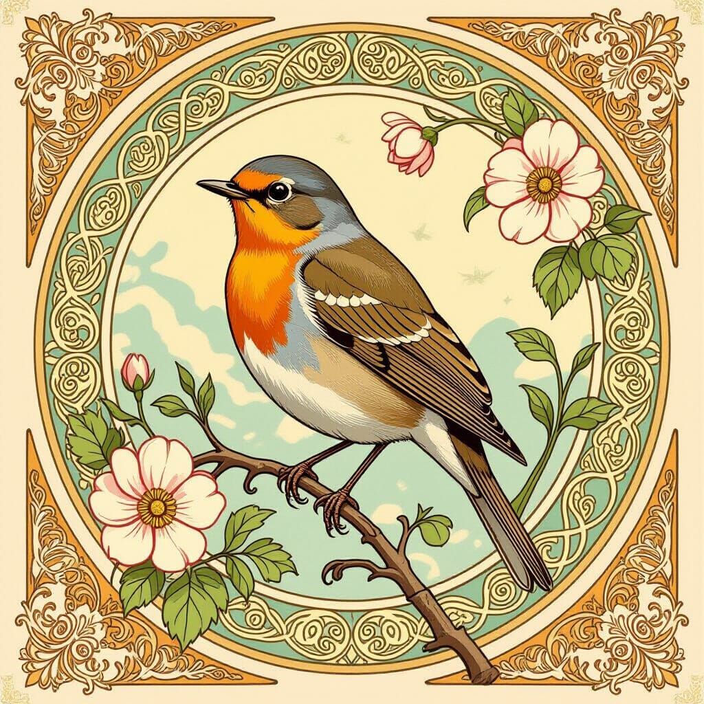 Robin in Art Nouveau Attire with Floral Motifs