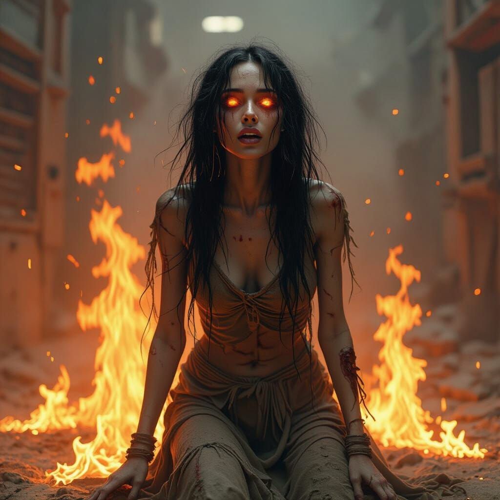 Ecstatic Skinny Woman in Acrylic Flames