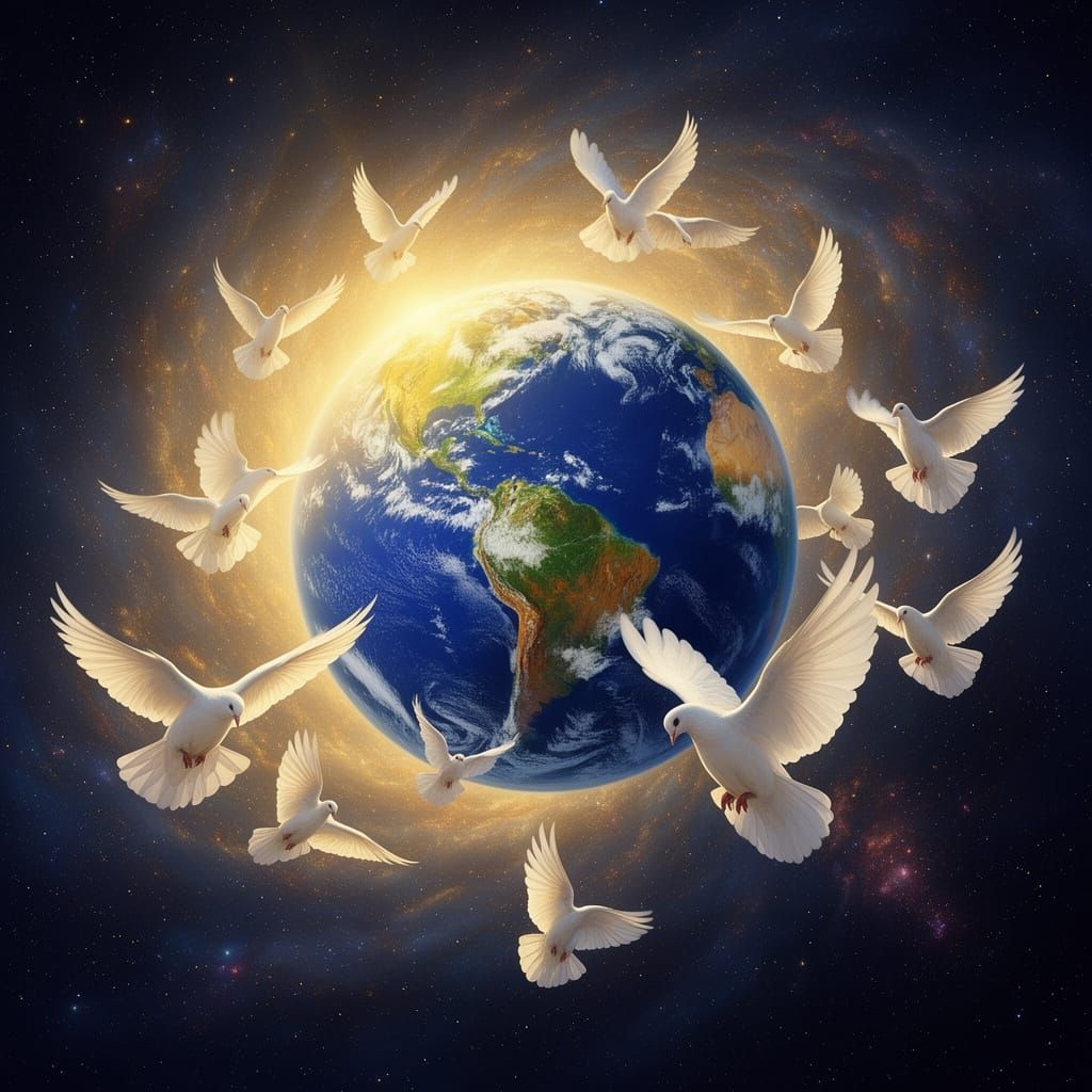 Glowing Earth Among Doves in Cosmic Space Art