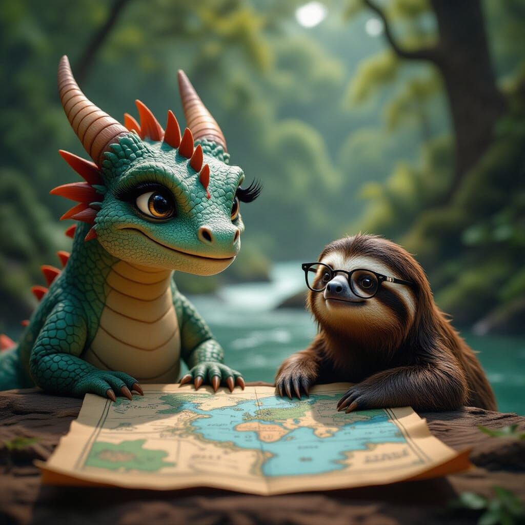 Dragon and Sloth Journey Through Forest Guided by Map