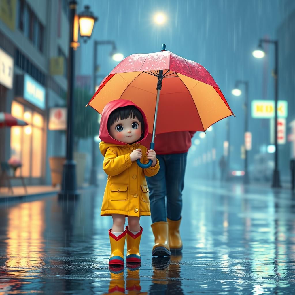 Father and Daughter in Rainy Anime-Inspired Scene