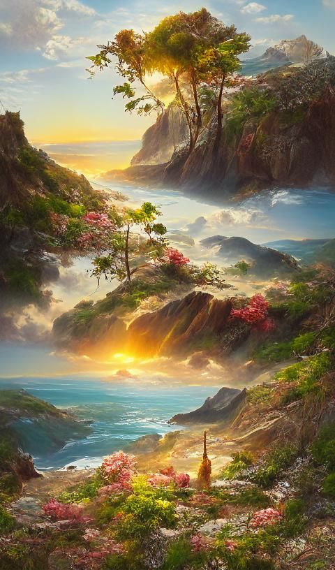 Seascape Sunrise Vista with Forest and Mountains