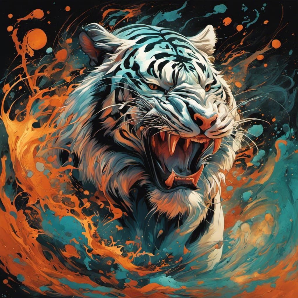 Terrifying Ghost Tiger in Liquid Watercolor Style