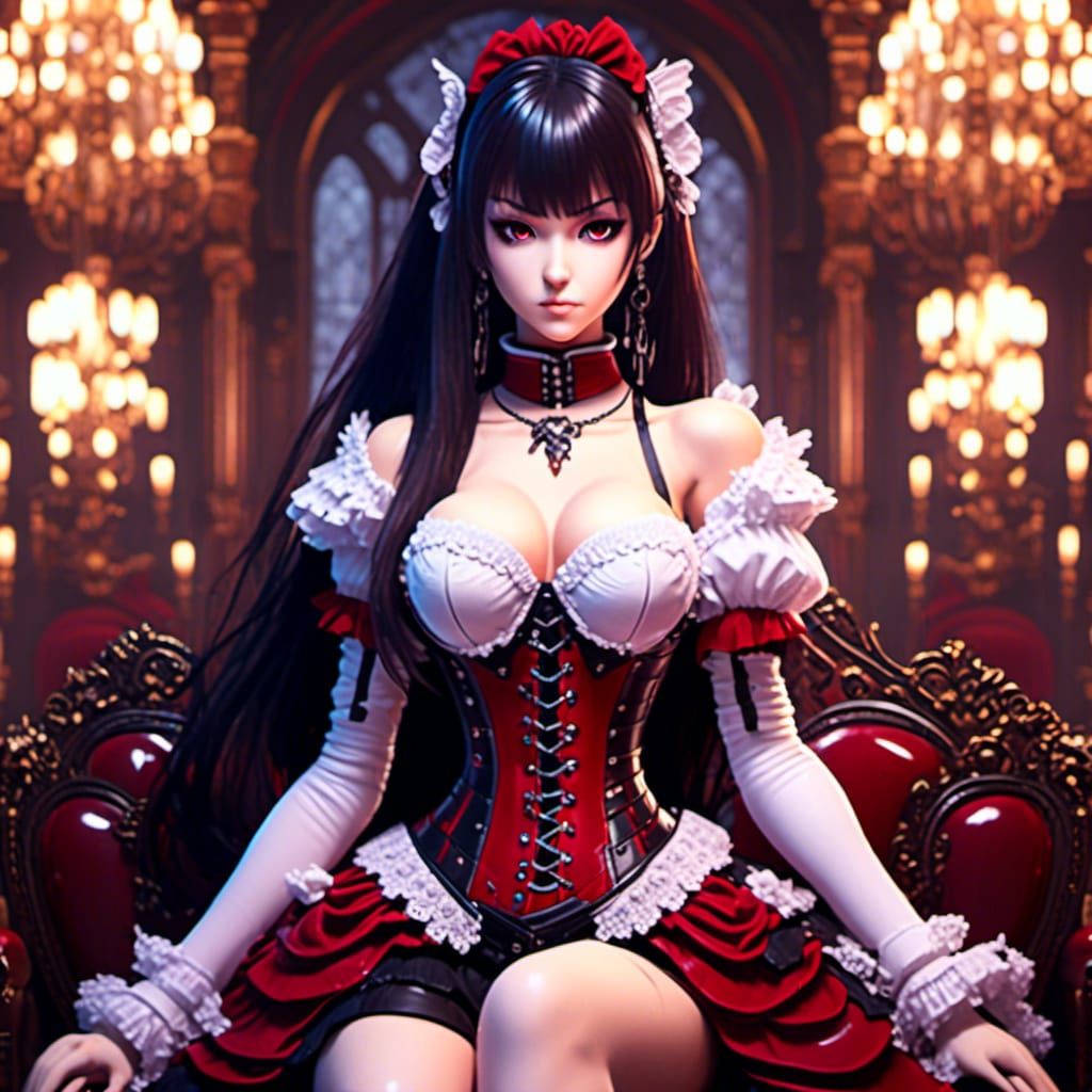 Woman in Corset Dress, Anime Style, Crimson Theme