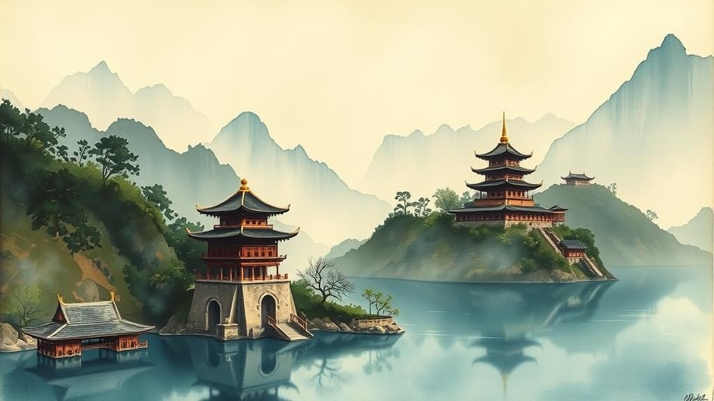 Taoist Temples Over Blue Lakes: Pen and Ink Drawing