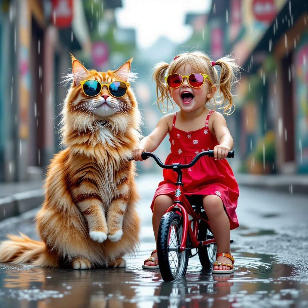 Joyful Girl and Cat in Puddle, Chalk Art Style