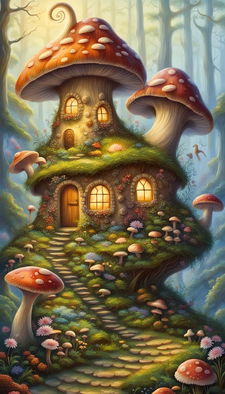 Bioluminescent Snail and Mushroom House in Forest Glade