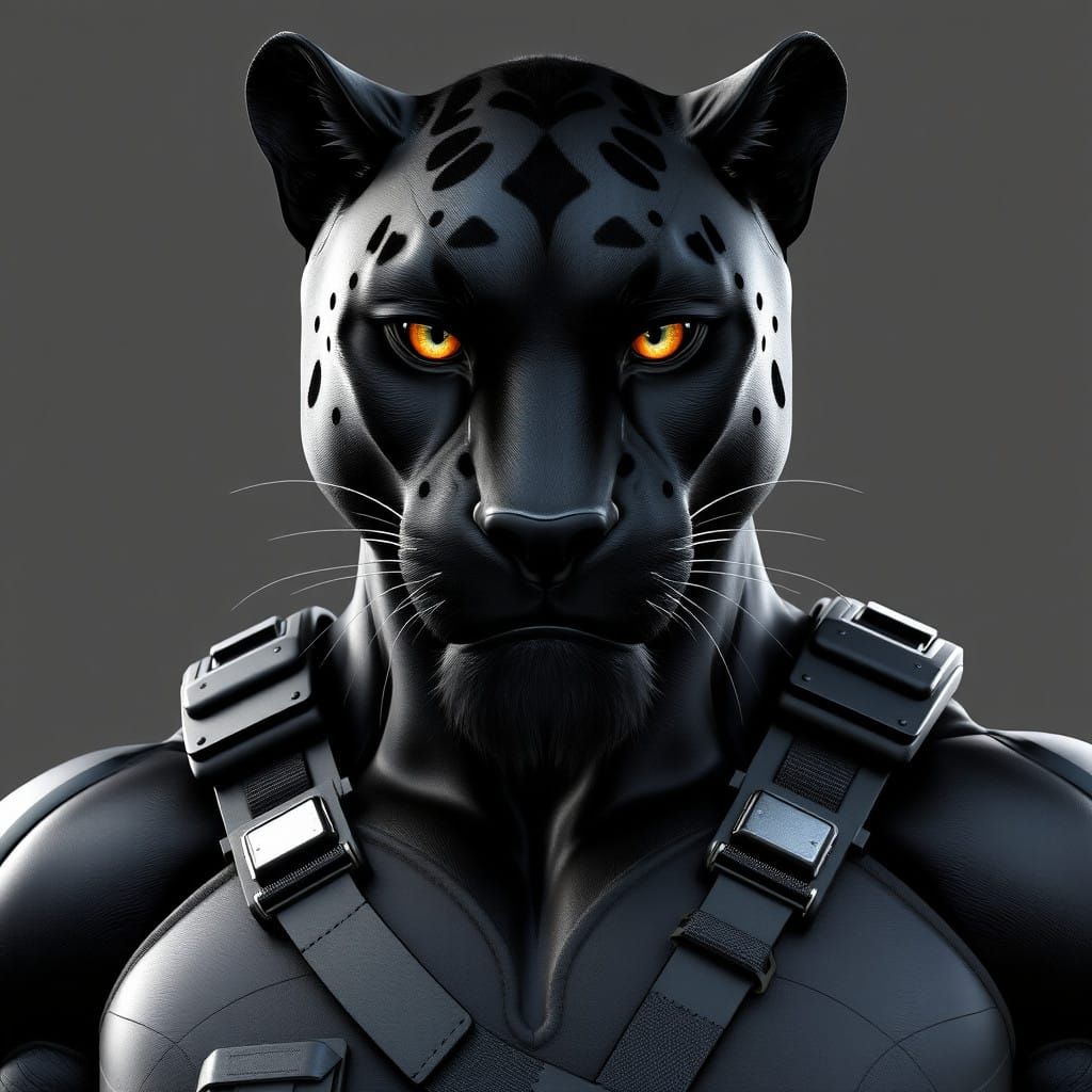 Hyper-Realistic Panther with Glossy Fur and Tactical Bodysui...