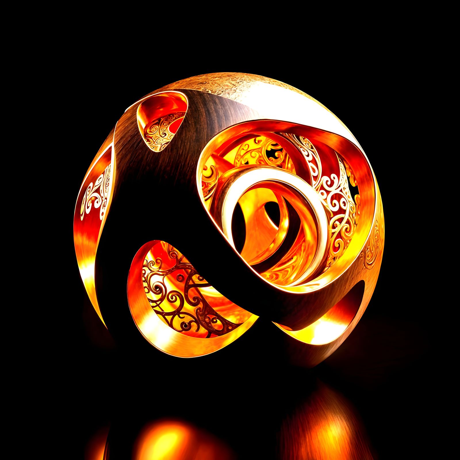 Escher-Inspired Wooden Sculpture with Intricate Metal Inlays