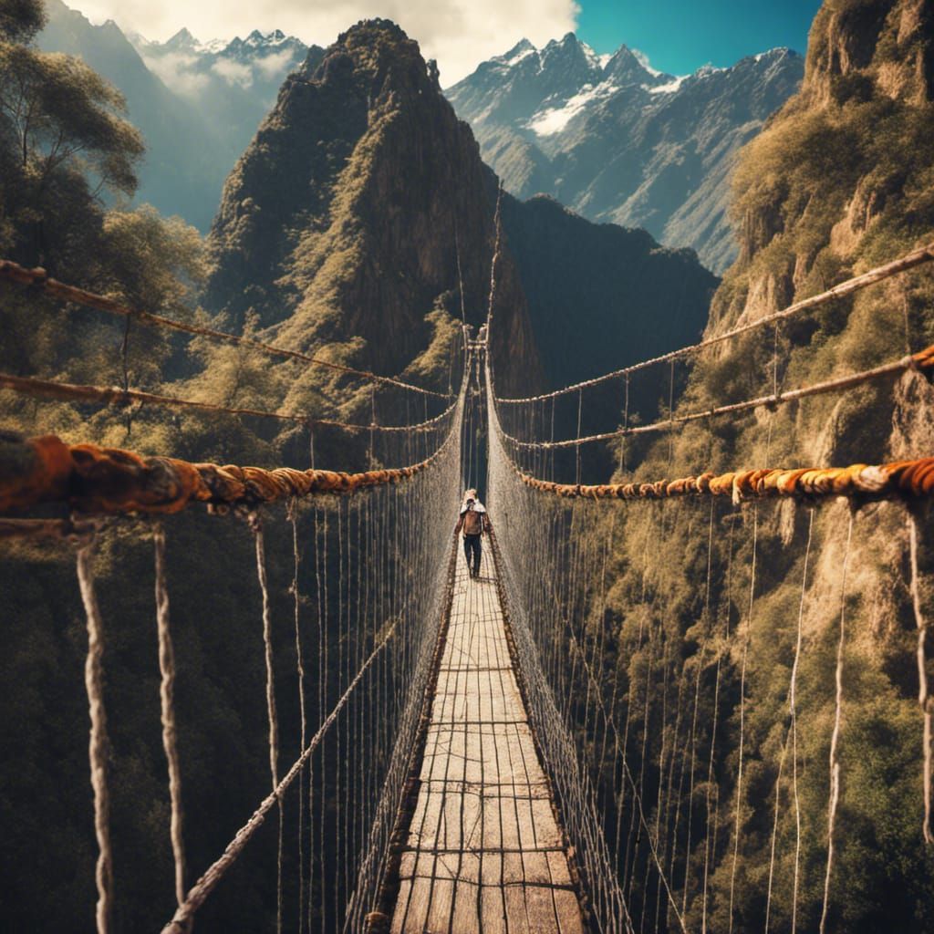 Andes Mountains Inca Bridge in Hyperrealistic Splash Art