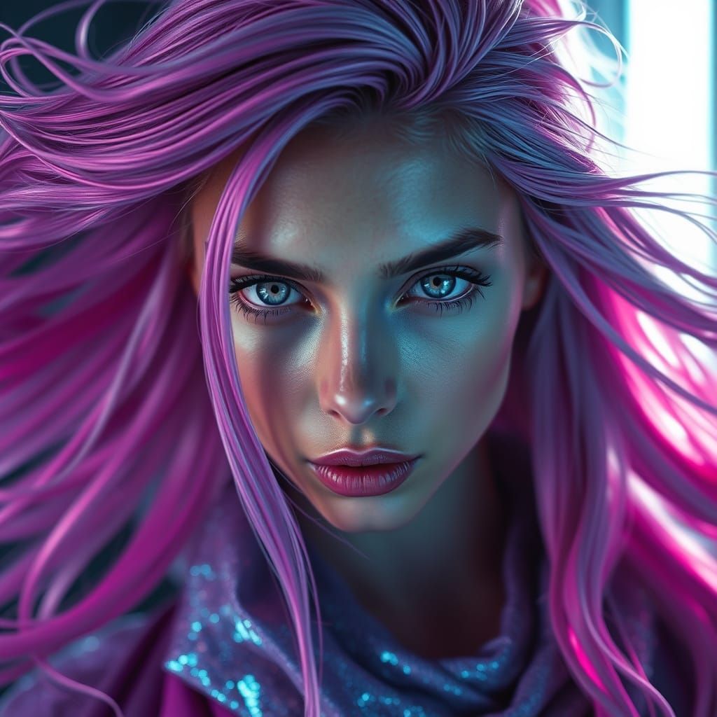 Futuristic Woman Portrait with Neon Hair