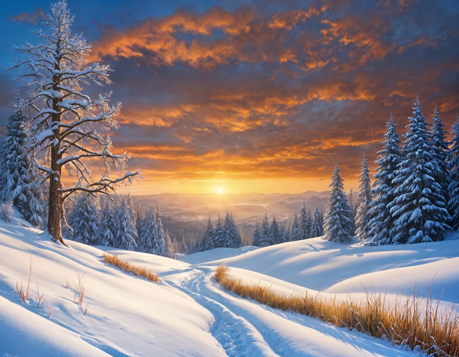 Tranquil Alpine Winter Meadow at Golden Hour