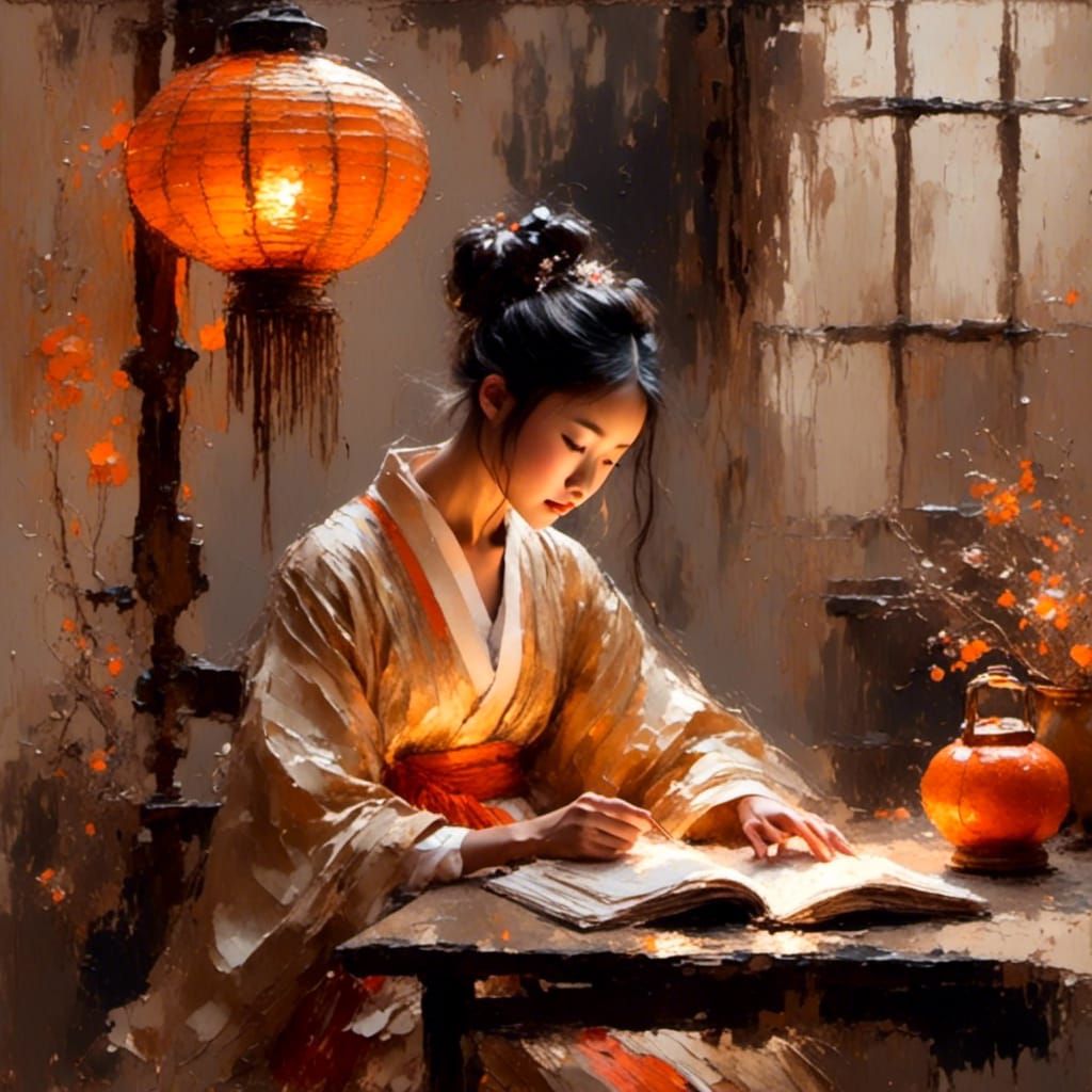 Chinese Girl Reading: Impressionist Oil Painting
