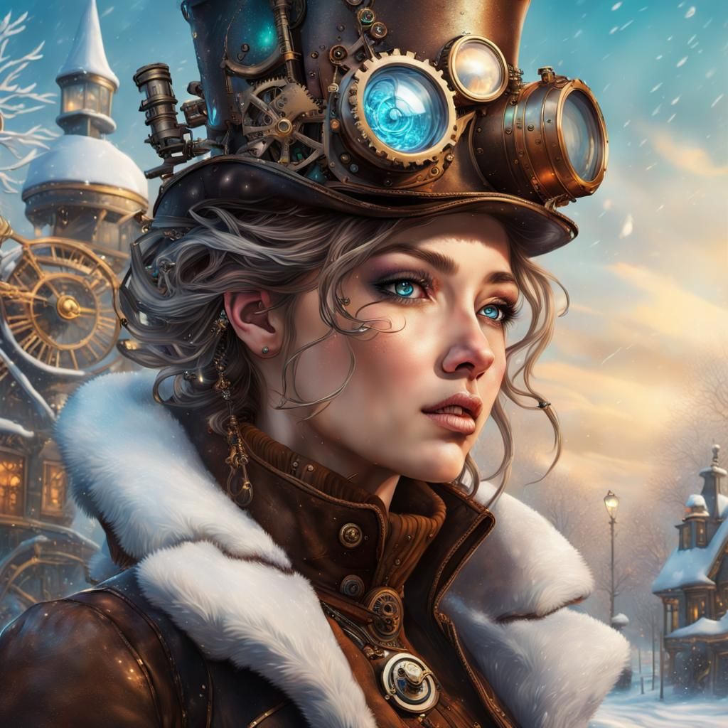 Steampunk Winter Wonderland in Hyperrealistic Splash Art