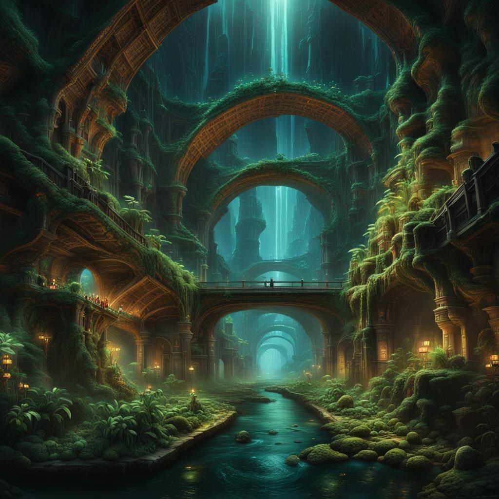 Spectacular Subterranean City with Bioluminescent Lighting