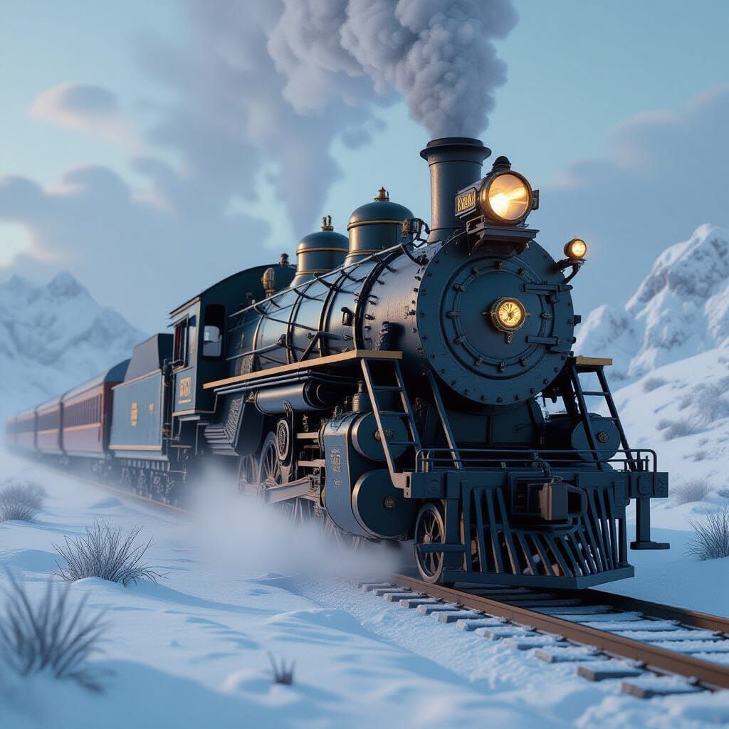 Steampunk Train in Snowy Landscape: Matte Painting