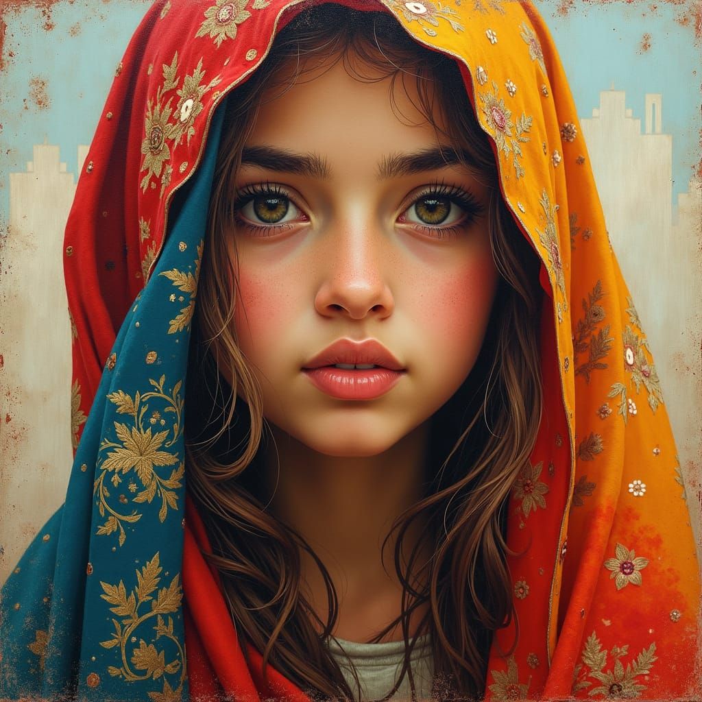 Original Palestinian Portrait with Ornate Background