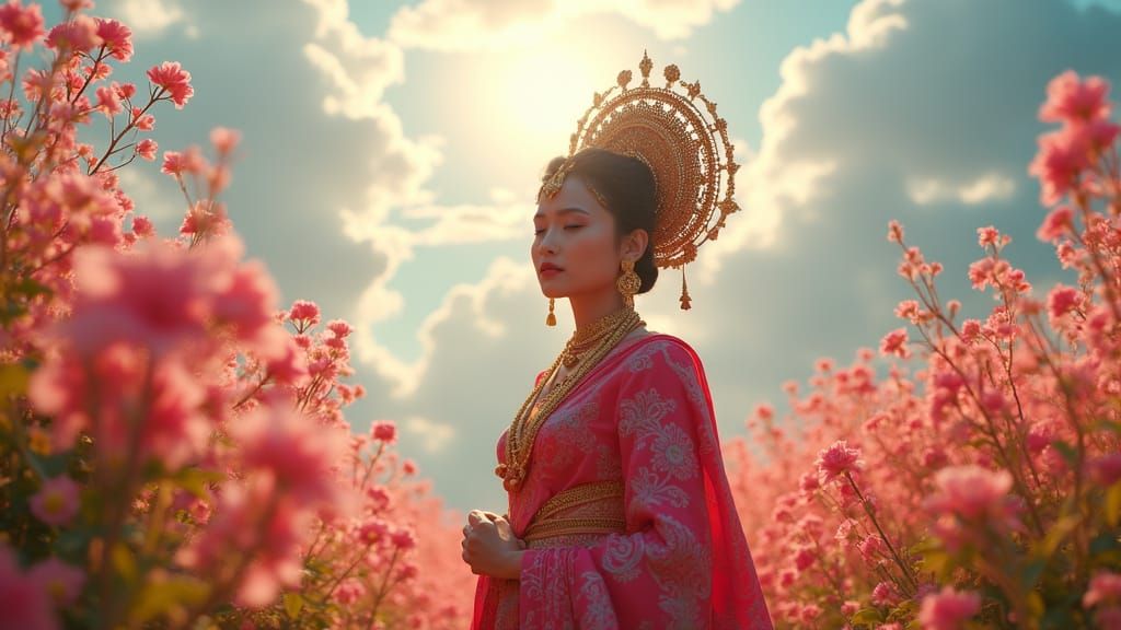 Burmese Princess in Neon Garden with Soft Sunlight